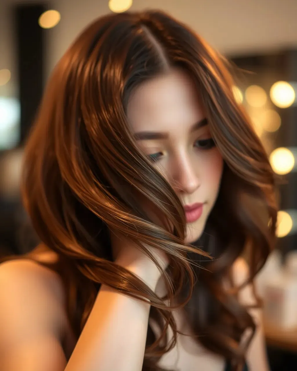 Glossy brunette hair after a blowout