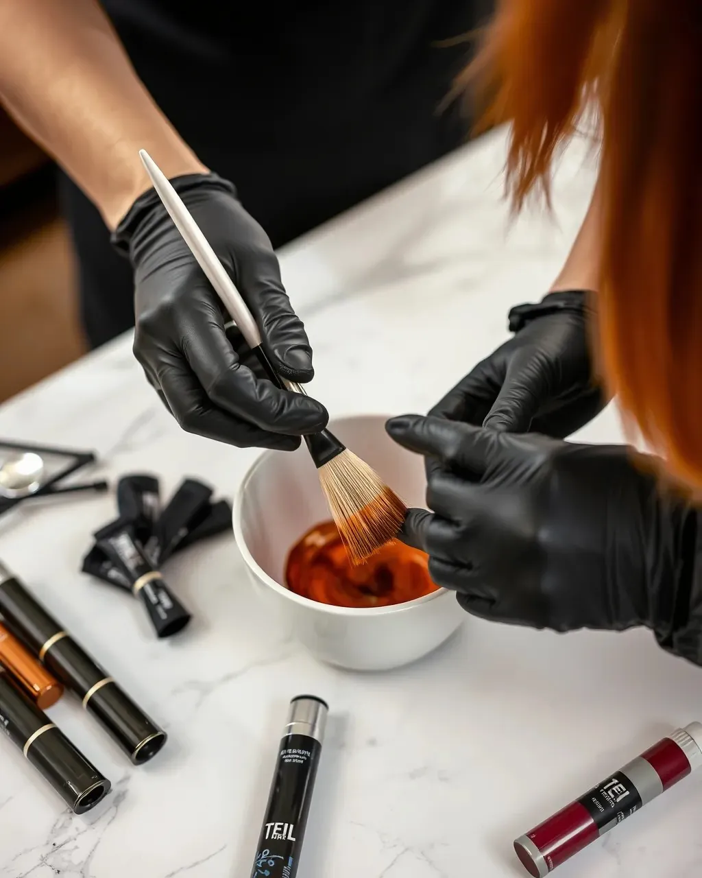 A colorist mixing copper color in a bowl