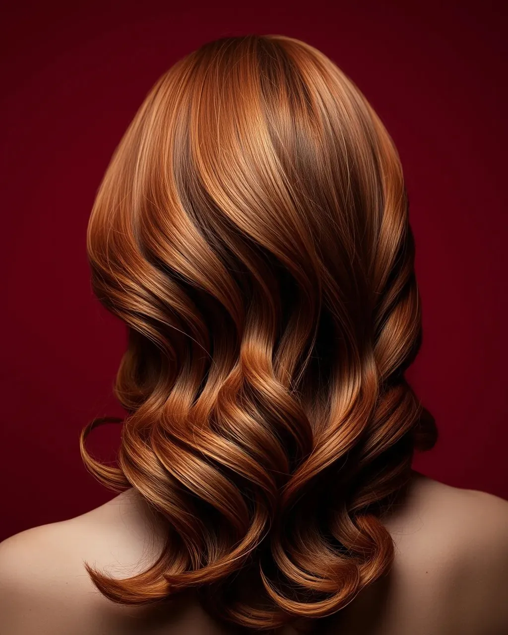 Long glossy copper hair in soft waves