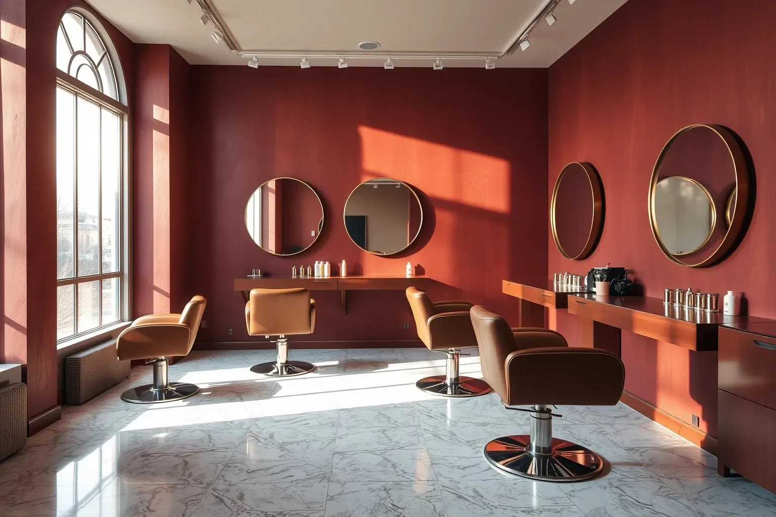 The salon floor with leather chairs, round brass mirrors and late sun across the floor