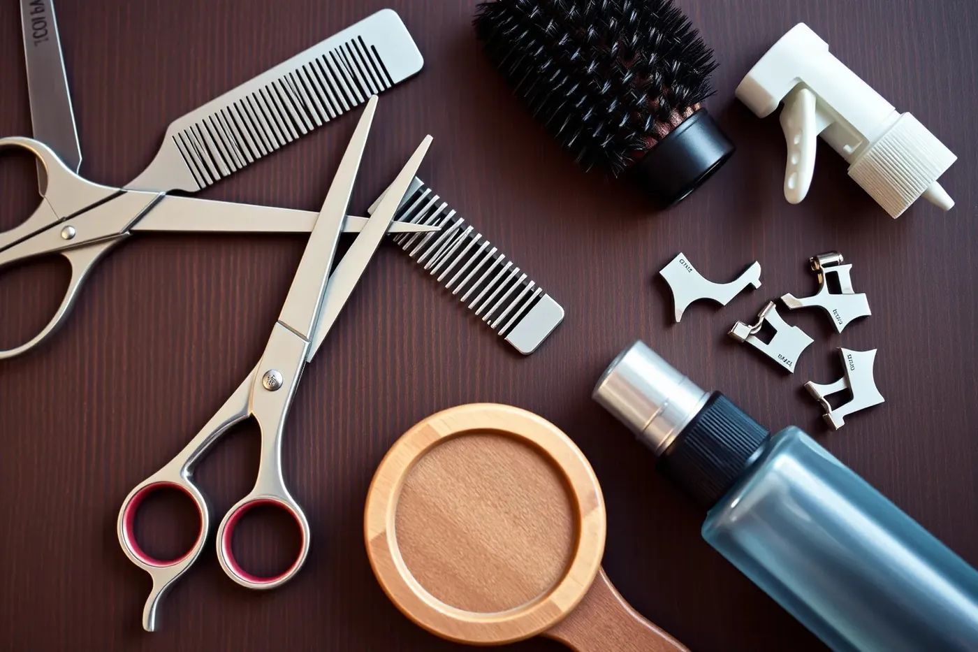 Shears, combs and a round brush on walnut