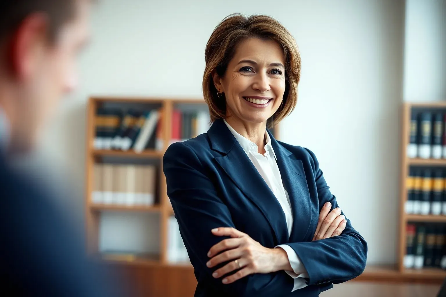 Elena Calder, founding partner, in a charcoal suit in her office