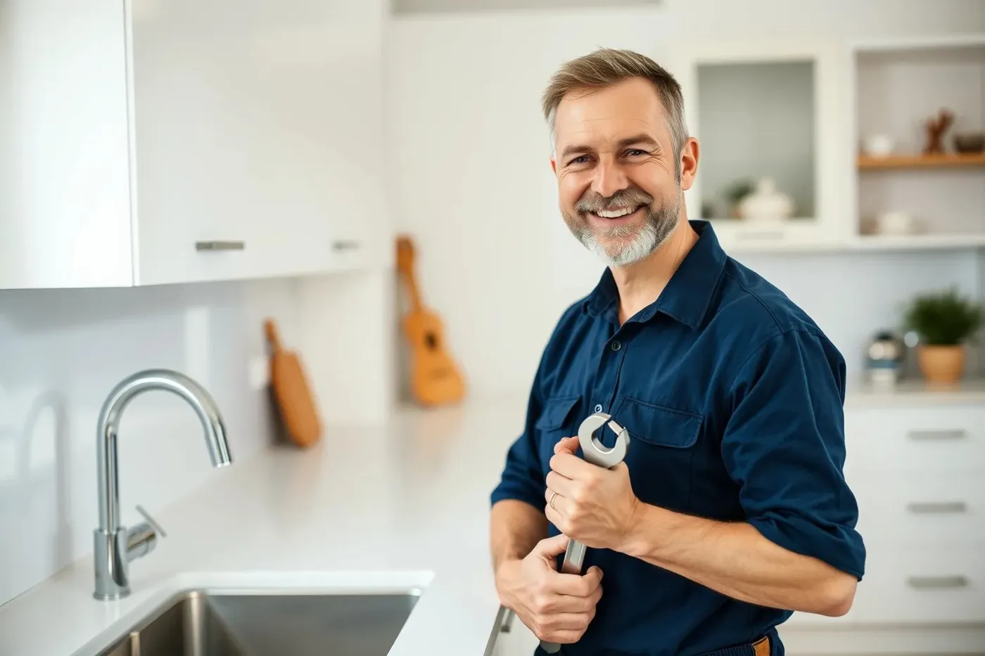 A Bluepipe plumber in a navy shirt holding a wrench in a kitchen