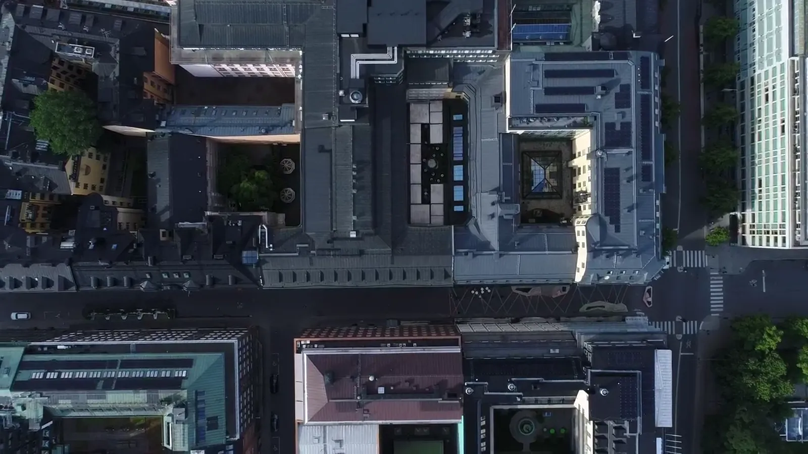 Rooftops and courtyards of the block from above