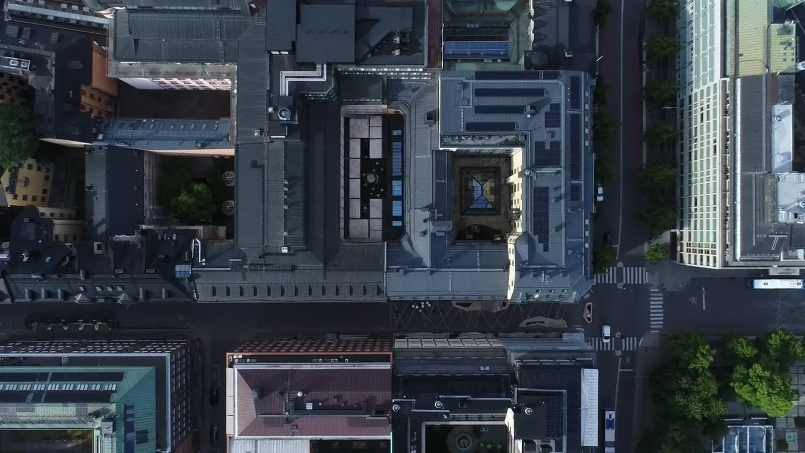 Aerial view of flat commercial roofs downtown
