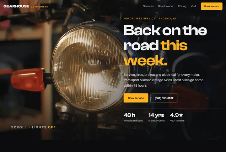 Sample website for Gearhouse Moto Works