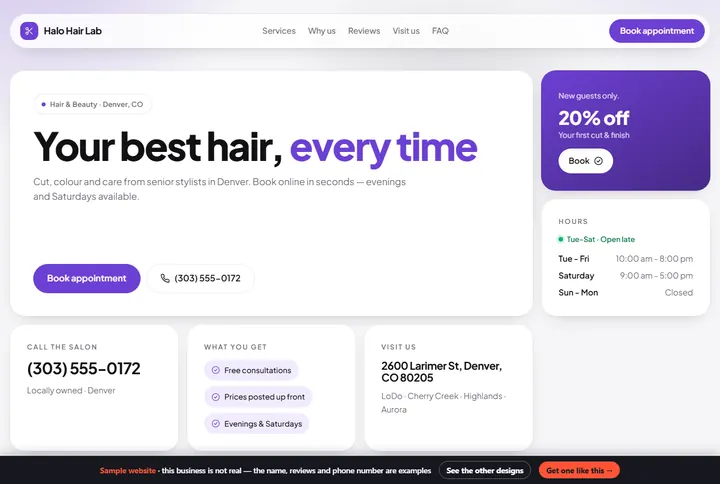 Bento sample website for a hair & beauty salon