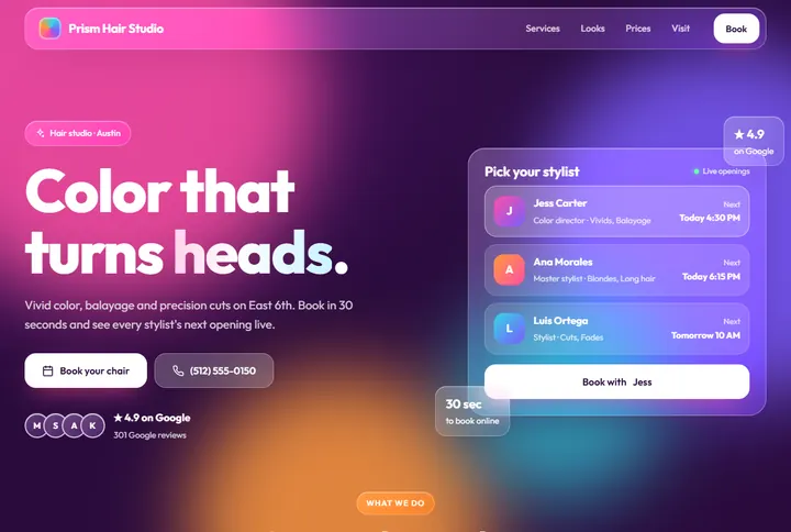 Sample website for Prism Hair Studio