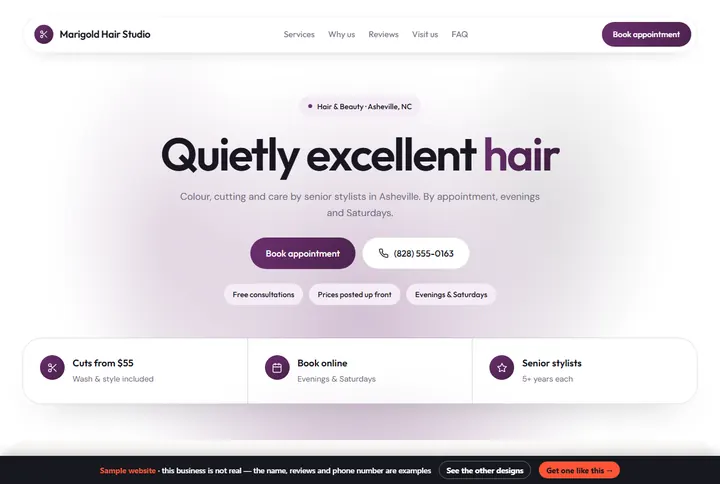 Glow sample website for a hair & beauty salon