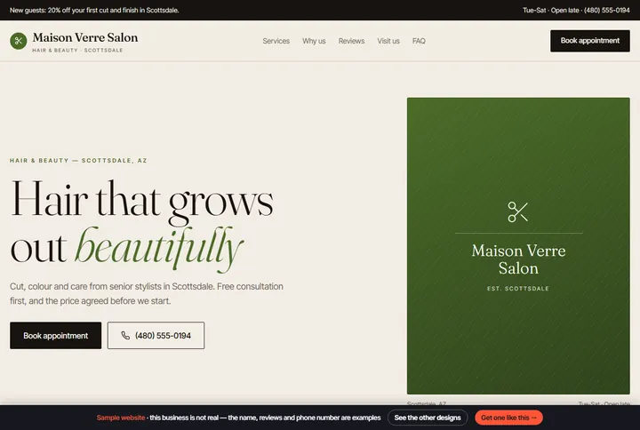Paper sample website for a hair & beauty salon