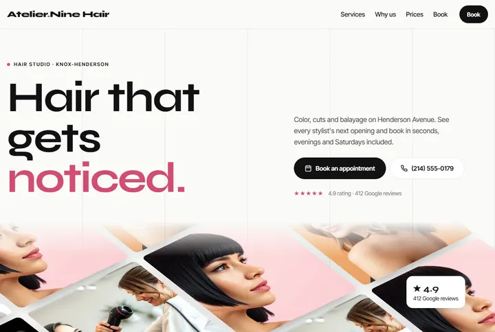Sample website for Atelier Nine Hair