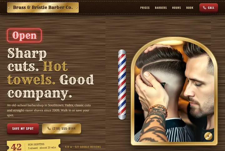 Sample website for Brass & Bristle Barber Co.