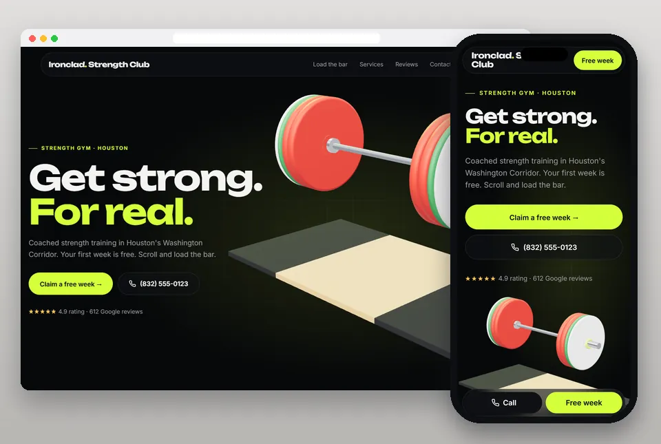 3D Build: Barbell sample website for a gym & fitness, on a computer and a phone