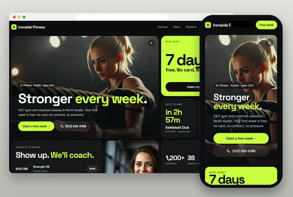 Bento Grid sample website for a gym & fitness, on a computer and a phone