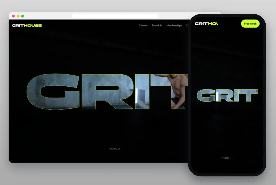 Motion: Video in the Name sample website for a gym & fitness, on a computer and a phone