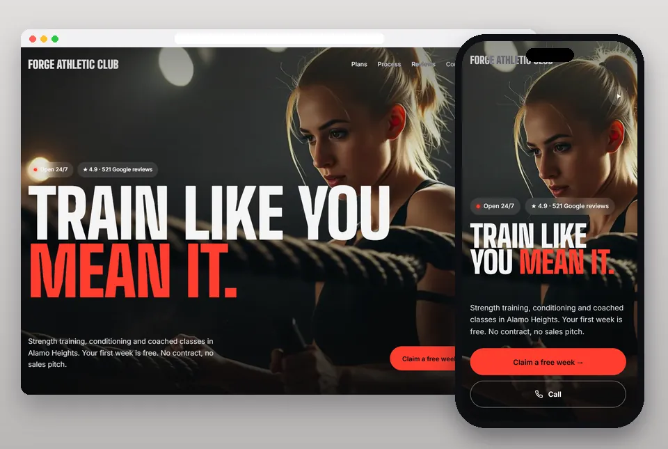 Cinema II sample website for a gym & fitness, on a computer and a phone