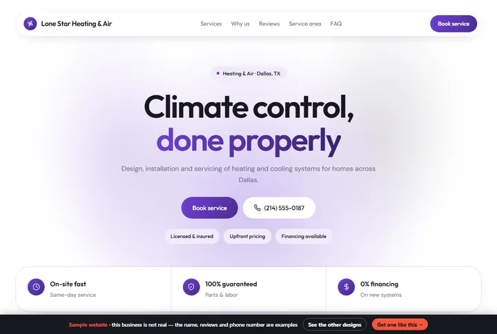 Glow sample website for a heating & air
