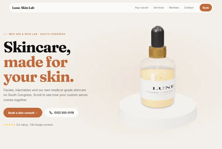 Sample website for Lune Skin Lab