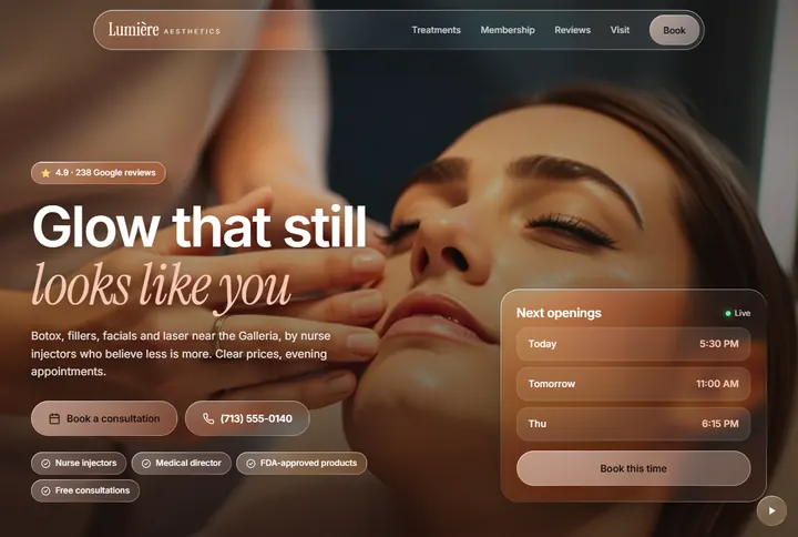 Sample website for Lumière Aesthetics