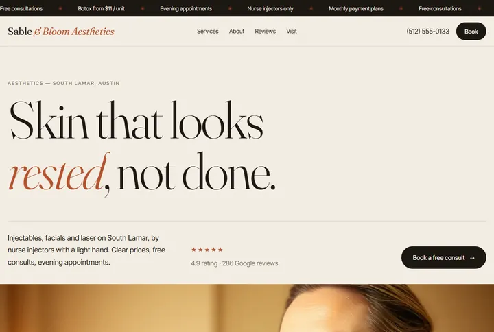Sample website for Sable & Bloom Aesthetics