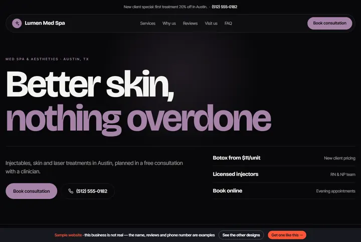 Pulse sample website for a med spa