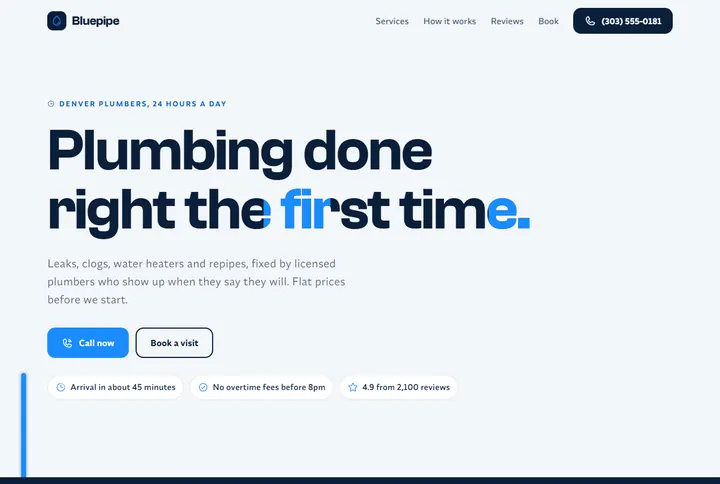 Sample website for Bluepipe Plumbing Co.