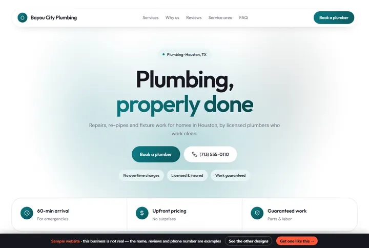 Glow sample website for a plumber