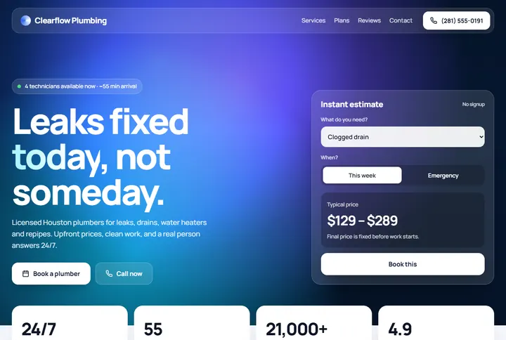 Sample website for Clearflow Plumbing