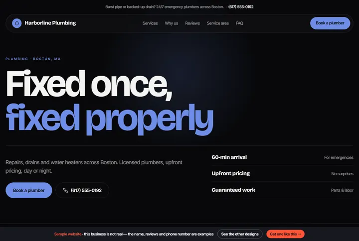 Pulse sample website for a plumber