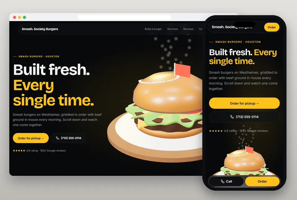 3D Build: Burger sample website for a restaurant, on a computer and a phone