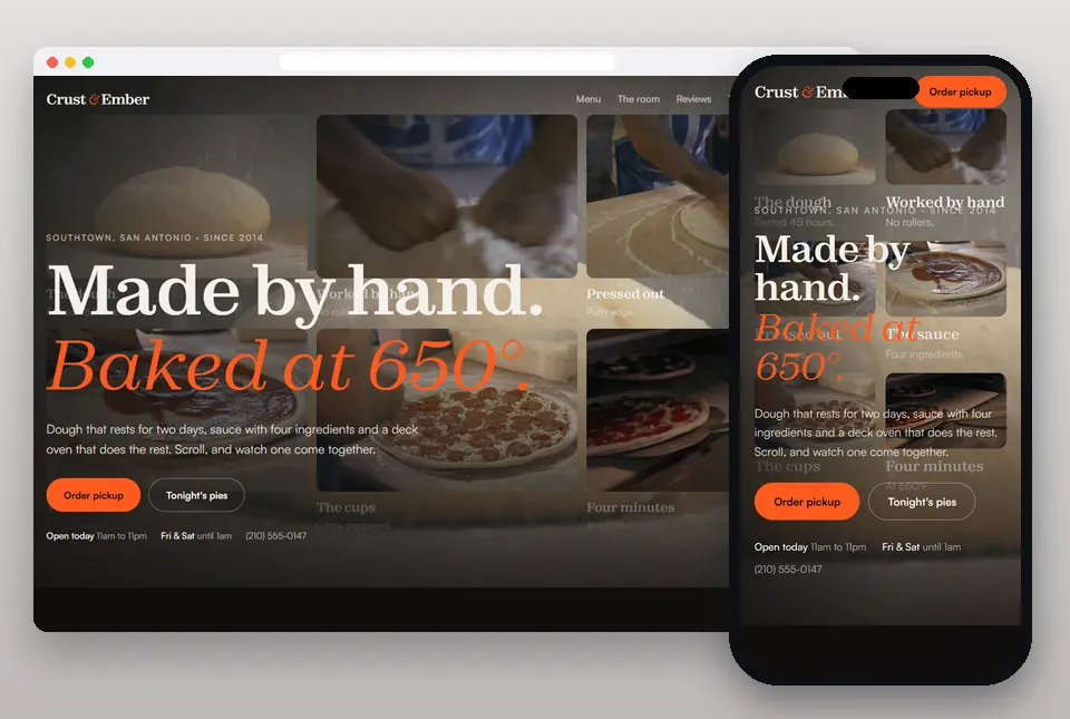 Motion: Photo Story sample website for a restaurant, on a computer and a phone