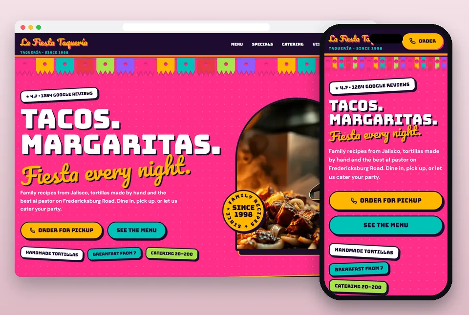 Maximalism sample website for a restaurant, on a computer and a phone