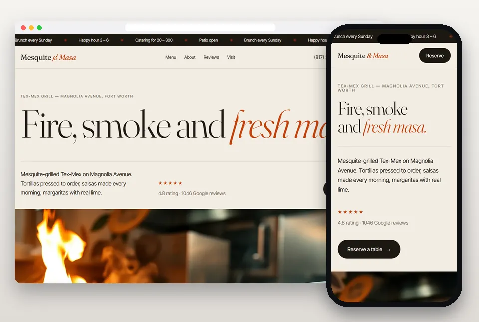 Editorial II sample website for a restaurant, on a computer and a phone