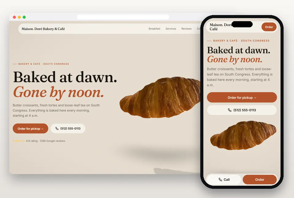 Realistic 3D: Bakery Café sample website for a restaurant, on a computer and a phone