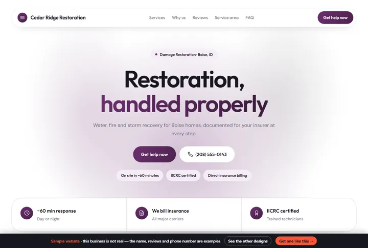 Glow sample website for a damage restoration